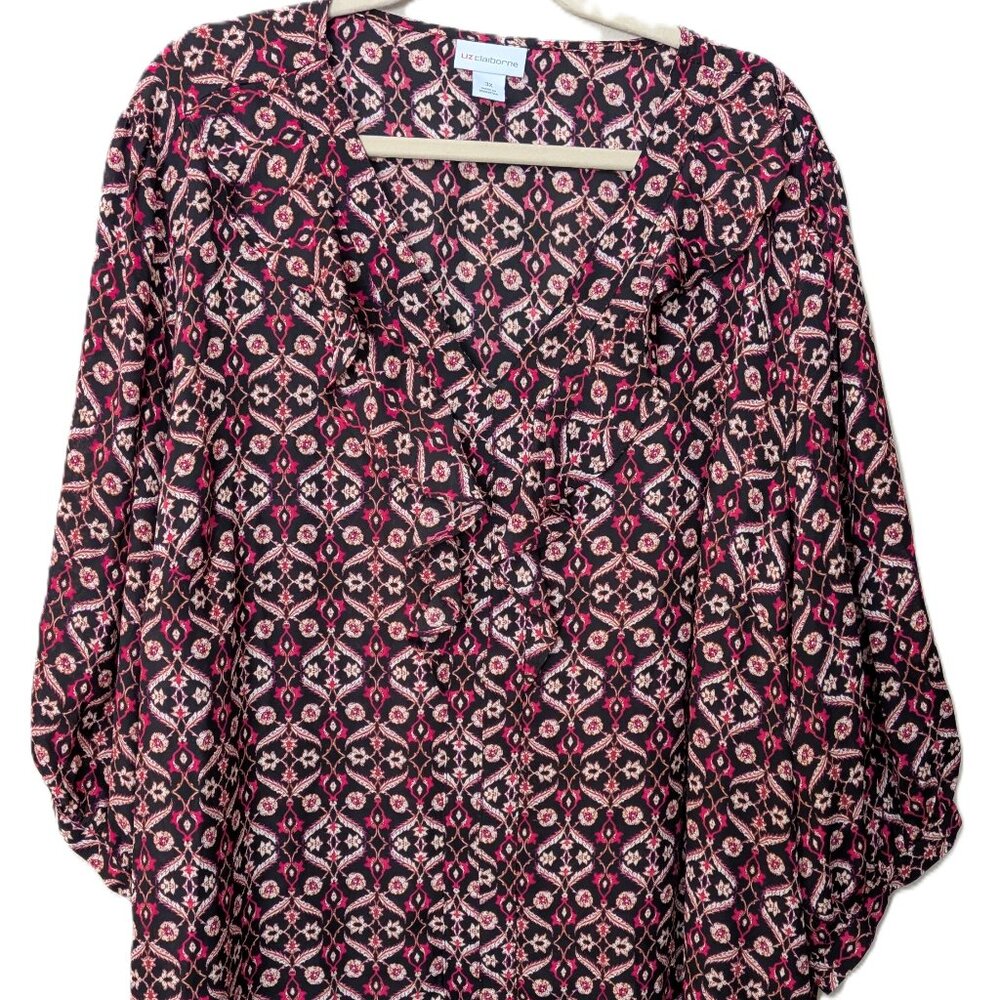 Liz Claiborne Women’s Ruffle Front Blouse – Black & Pink Floral Print – Size 3X